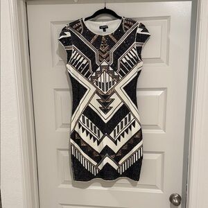 Express Black, White, and Gold Geometric Mini Dress